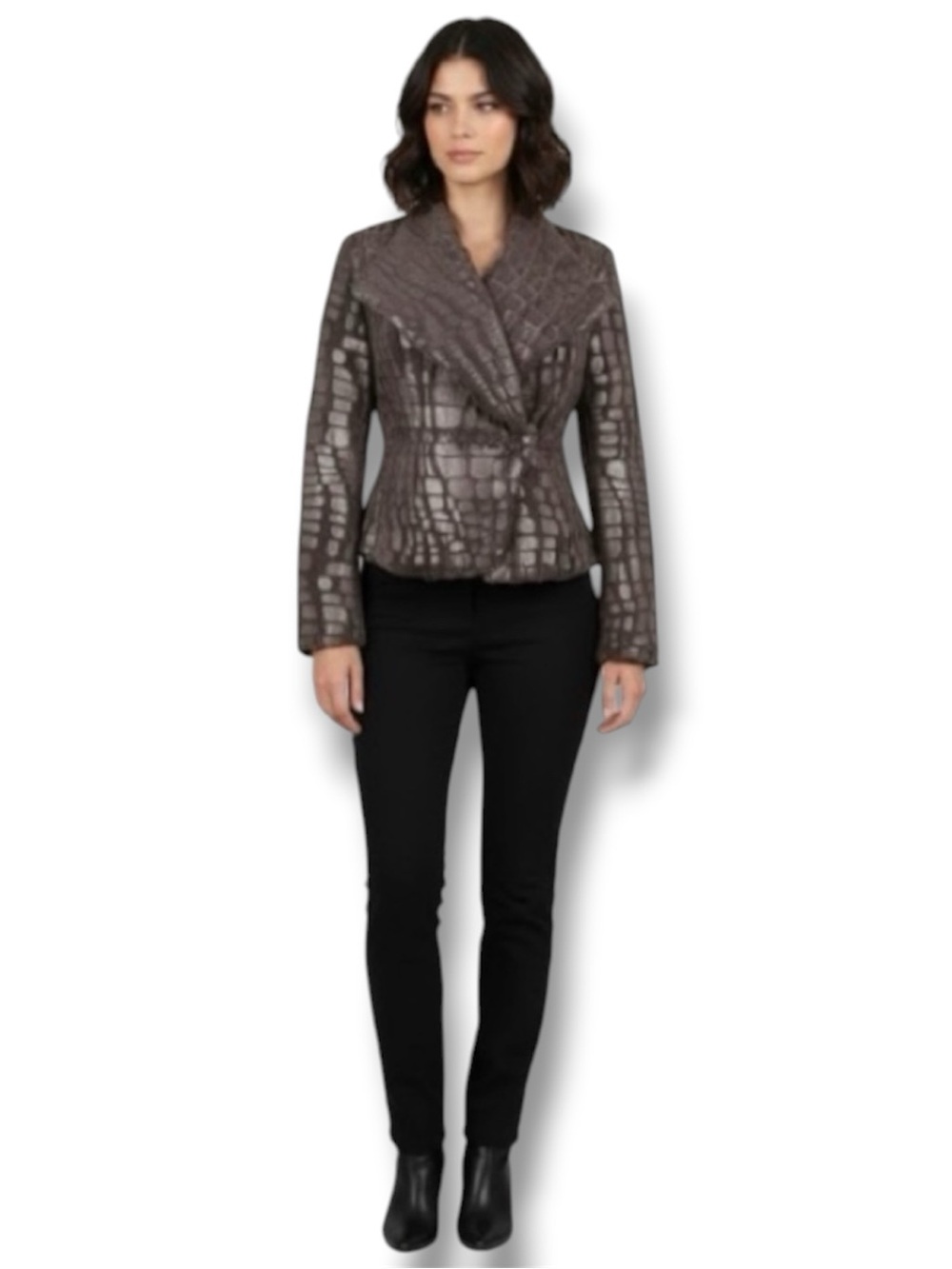 SÃO PAULO Blazer Women’s EU 38 US 8 Croc Alligator Reptile Taupe Faux Fur Jacket